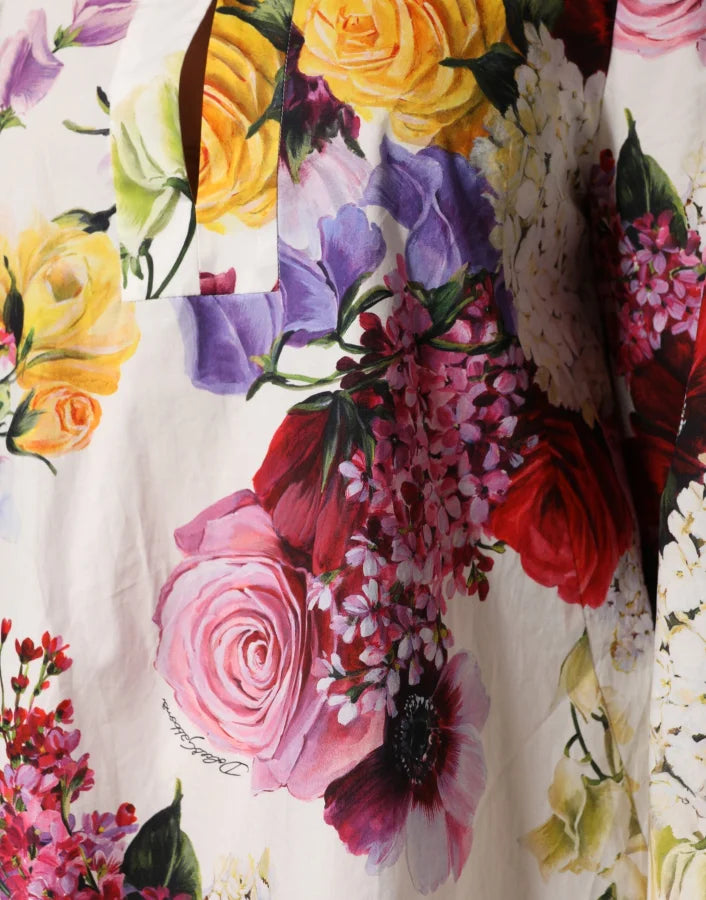 Dolce &amp; Gabbana Multicolor Floral Cotton Longsleeves Midi Dress
