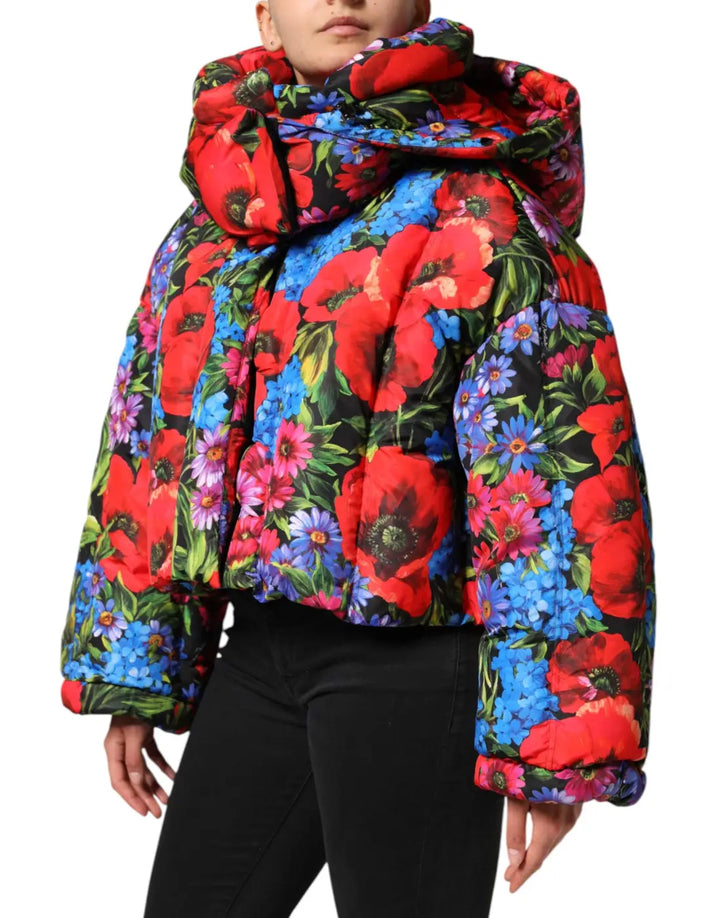 Dolce &amp; Gabbana Multicolor Floral Hooded Puffer Coat Jacket