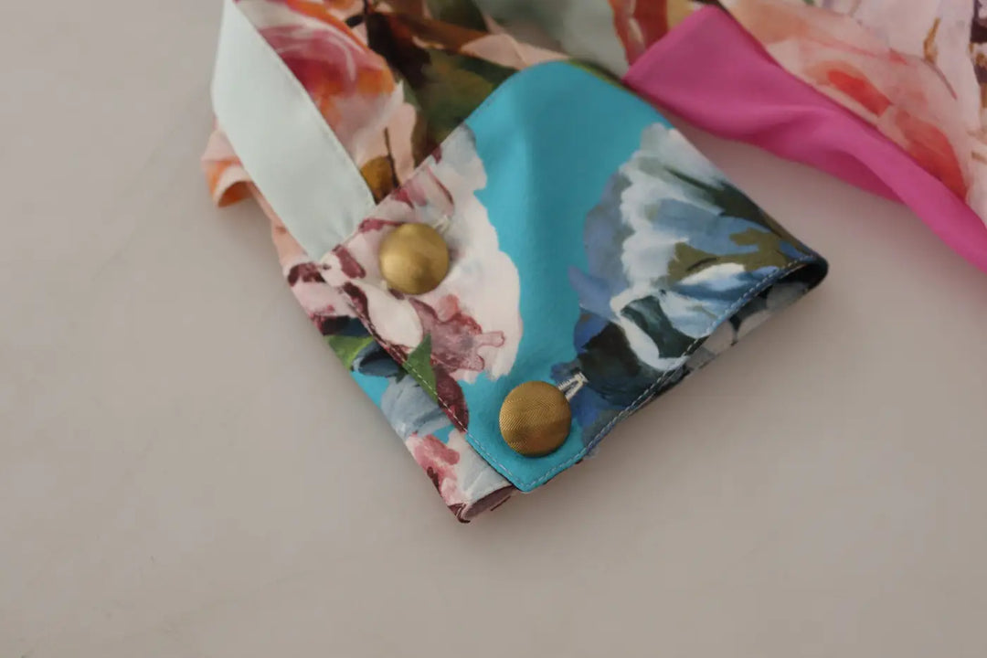 Dolce &amp; Gabbana Multicolor Floral Patchwork Design Ascot Collar Top Blouse