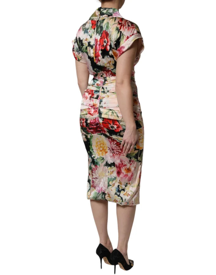 Dolce &amp; Gabbana Multicolor Floral Short Sleeves Sheath Midi Dress