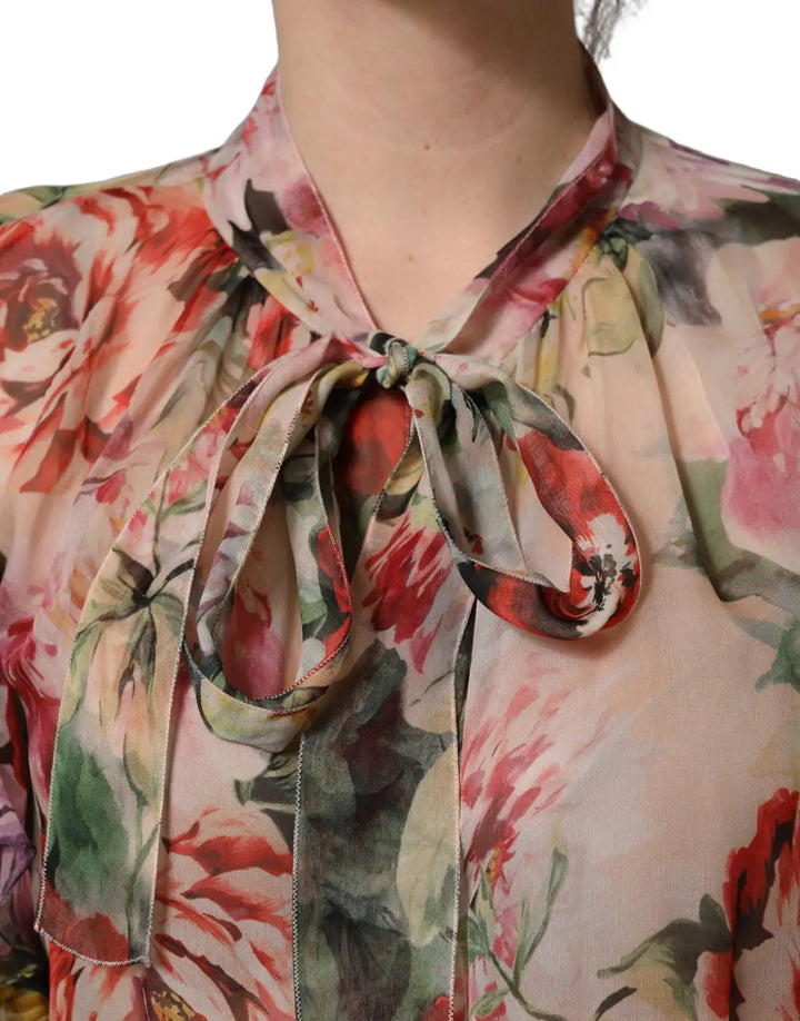 Dolce &amp; Gabbana Multicolor Floral Tie-Neck Silk Chiffon Blouse Top