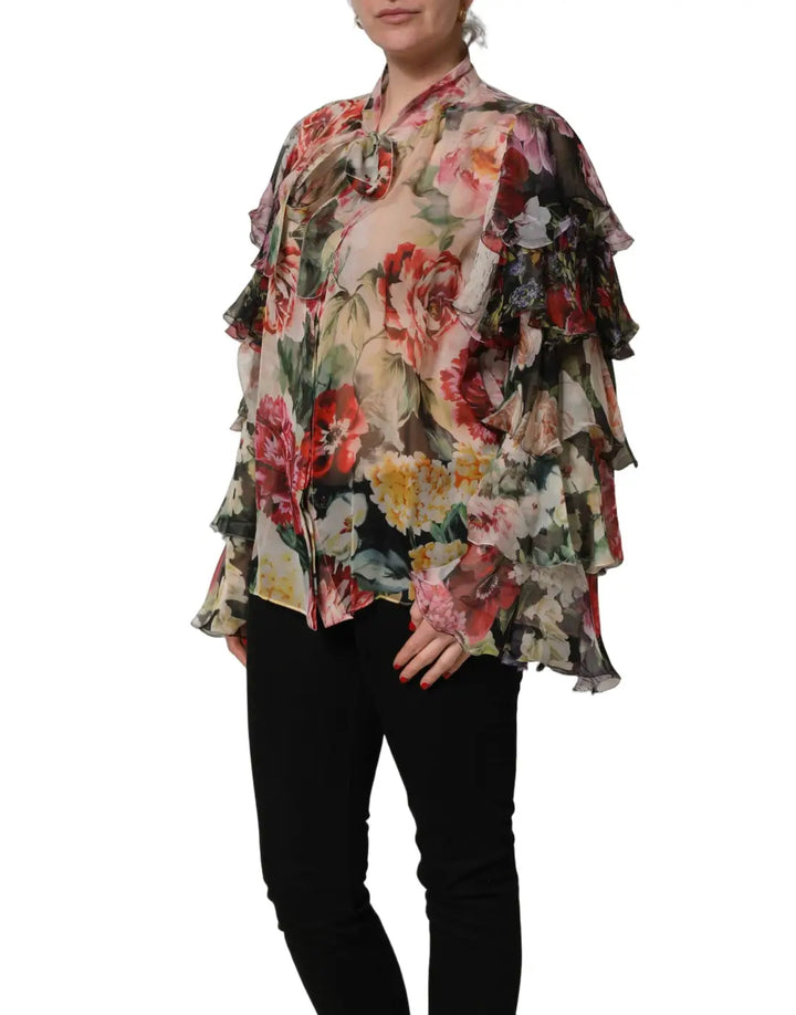 Dolce &amp; Gabbana Multicolor Floral Tie-Neck Silk Chiffon Blouse Top