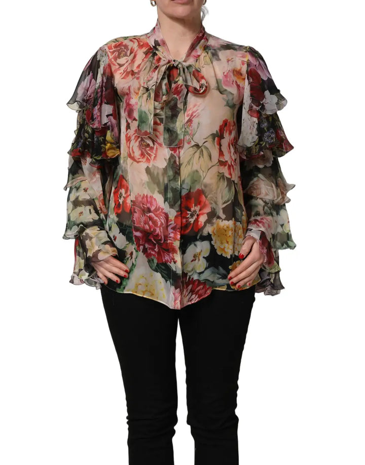 Dolce &amp; Gabbana Multicolor Floral Tie-Neck Silk Chiffon Blouse Top
