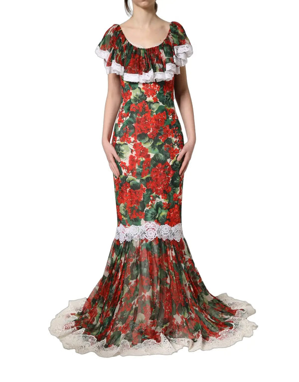 Dolce & Gabbana Multicolor Geranium Flower Lace Maxi Dress women’s dress