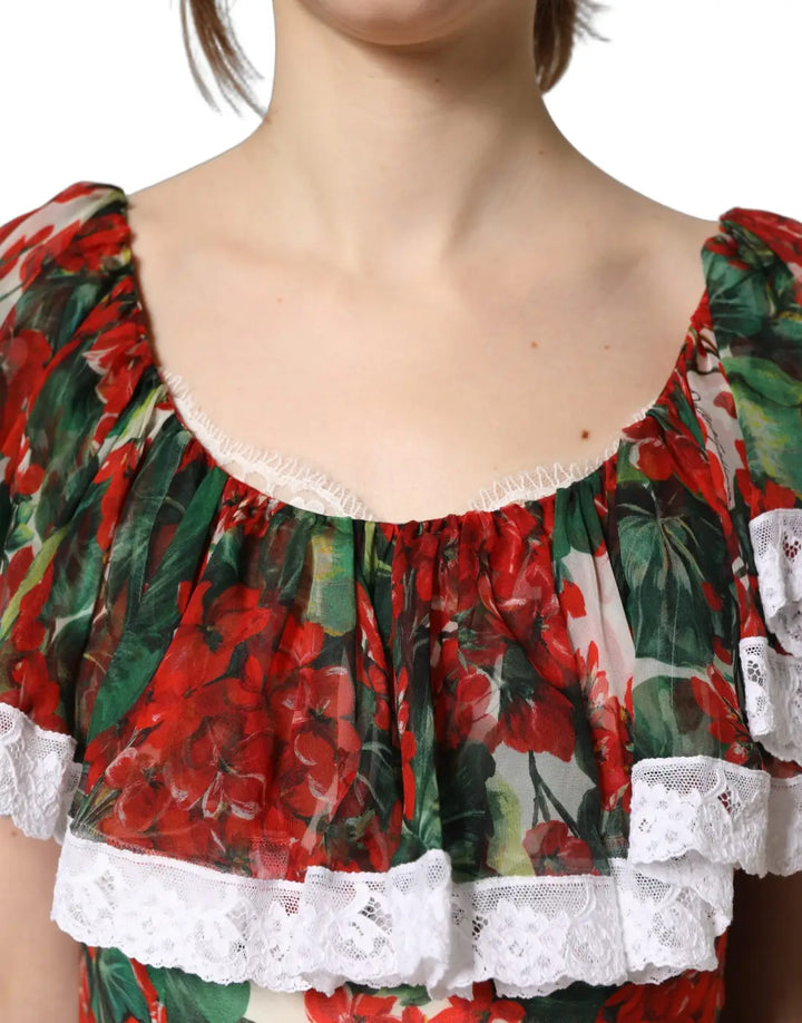 Dolce &amp; Gabbana Multicolor Geranium Flower Lace Maxi Dress