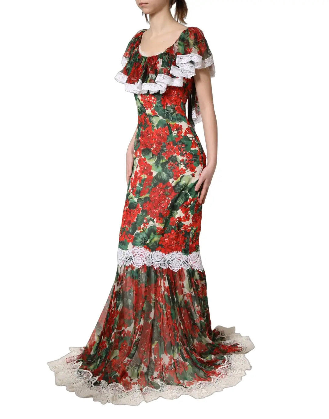 Dolce &amp; Gabbana Multicolor Geranium Flower Lace Maxi Dress