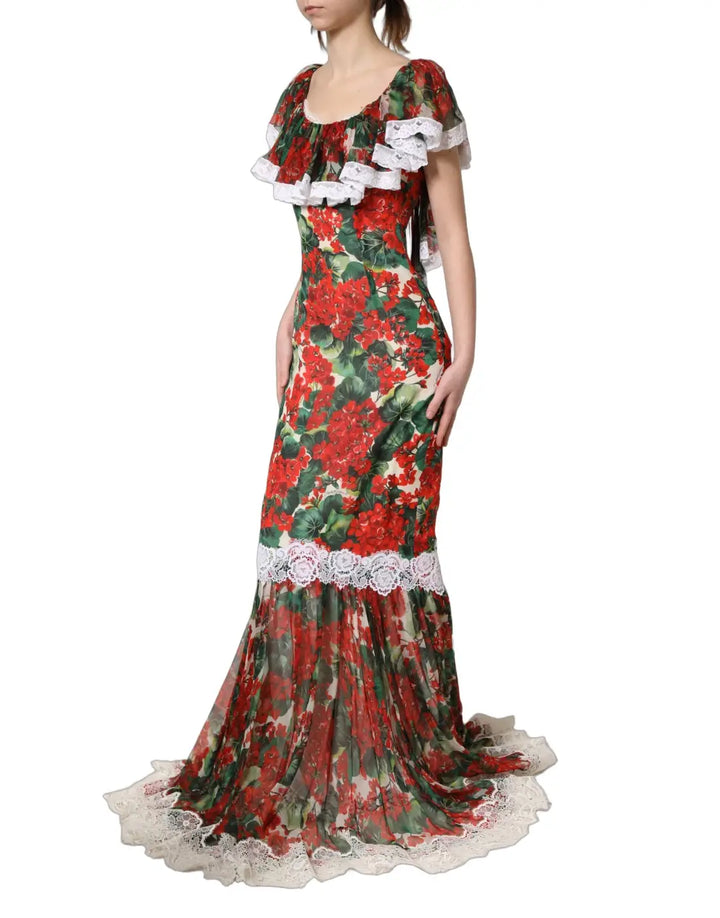 Dolce &amp; Gabbana Multicolor Geranium Flower Lace Maxi Dress