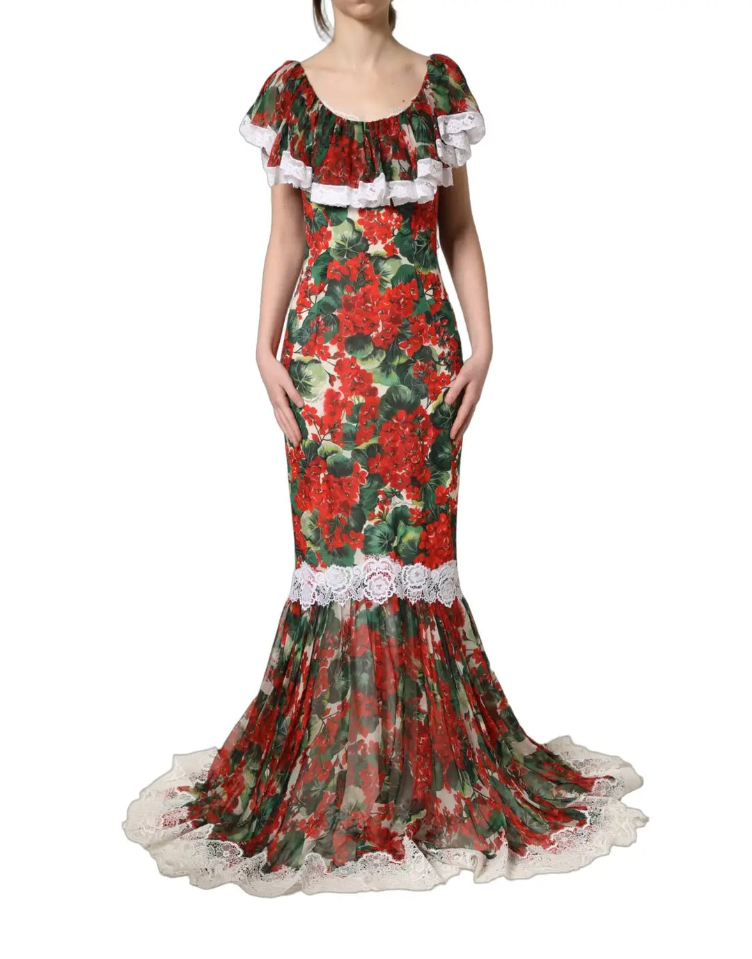 Dolce &amp; Gabbana Multicolor Geranium Flower Lace Maxi Dress