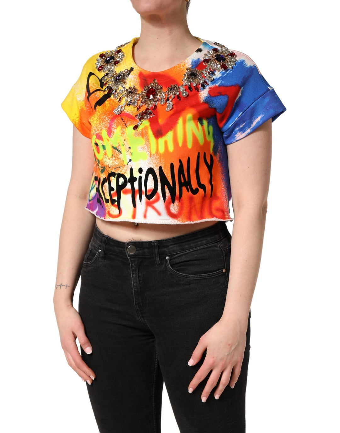 Dolce &amp; Gabbana T-Shirts - Multicolor Graffiti Crystals Crop Jersey Top