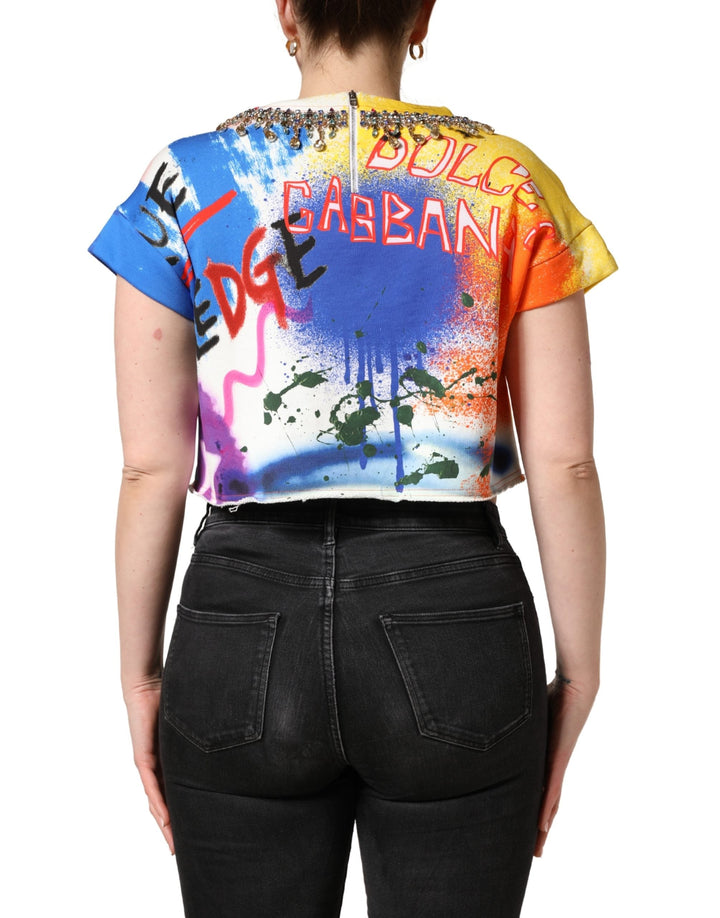 Dolce &amp; Gabbana T-Shirts - Multicolor Graffiti Crystals Crop Jersey Top