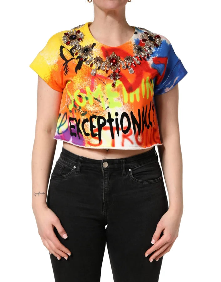 Dolce &amp; Gabbana Multicolor Graffiti Crystals Crop Jersey Top