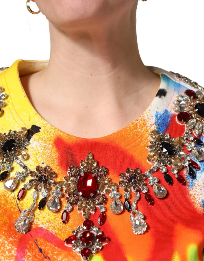 Dolce &amp; Gabbana Multicolor Graffiti Crystals Crop Jersey Top