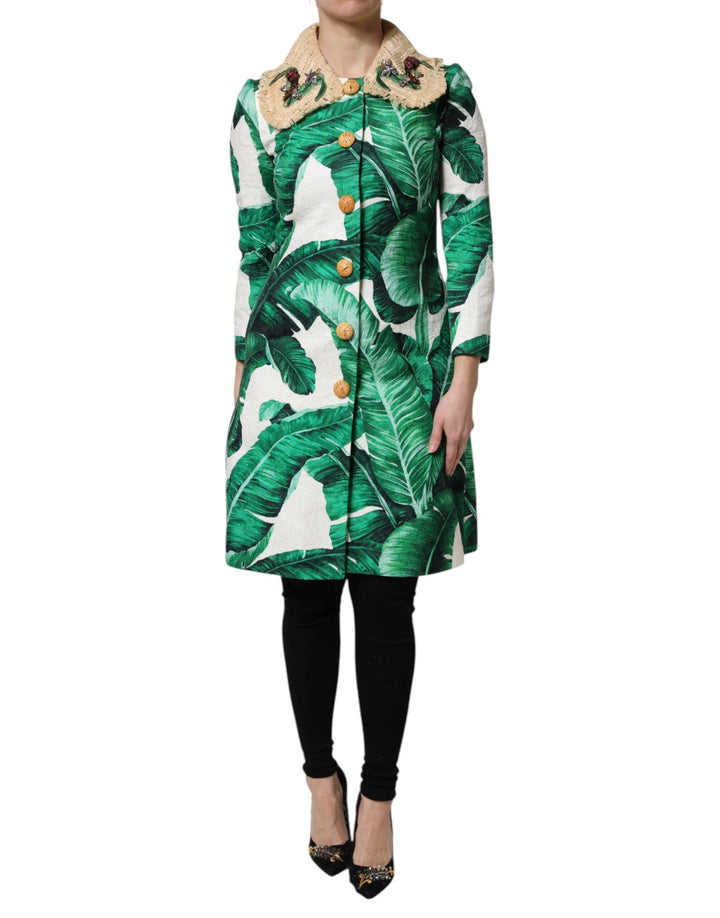 Dolce &amp; Gabbana Trench Coats - Multicolor Leaf Print Embellished Trenchcoat Jacket