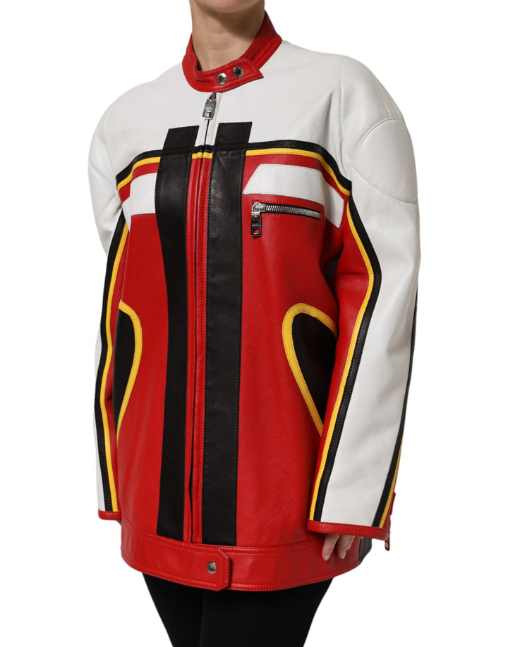Dolce &amp; Gabbana Bomber Jackets - Multicolor Leather Biker Full Zip Coat Jacket