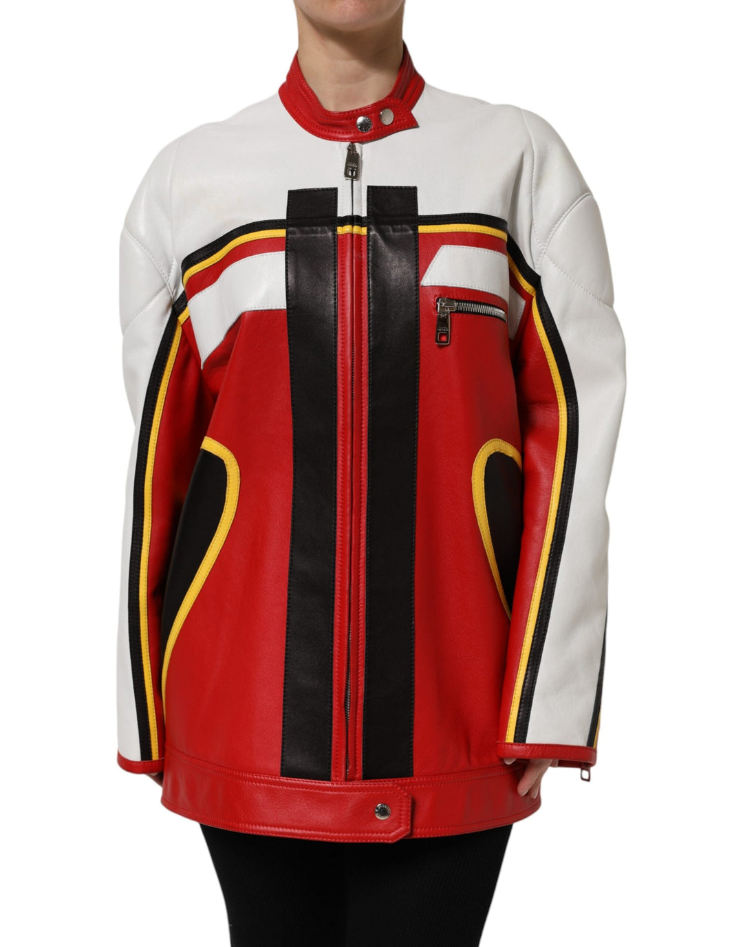 Dolce &amp; Gabbana Bomber Jackets - Multicolor Leather Biker Full Zip Coat Jacket