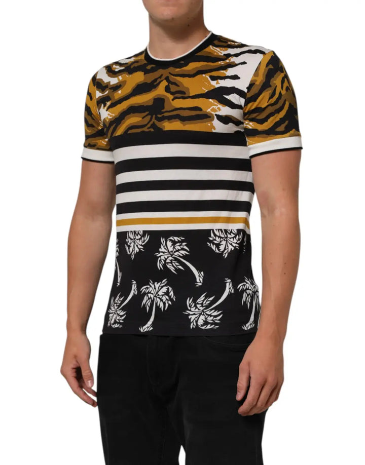 Dolce &amp; Gabbana Multicolor Leopard Palm Leaf Men Crew Neck T-shirt