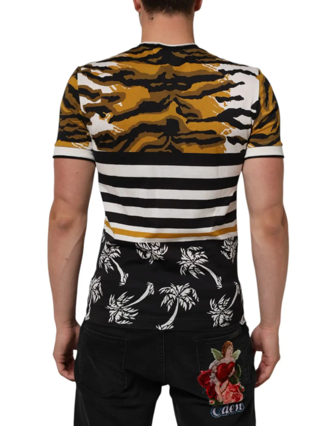 Dolce &amp; Gabbana Multicolor Leopard Palm Leaf Men Crew Neck T-shirt