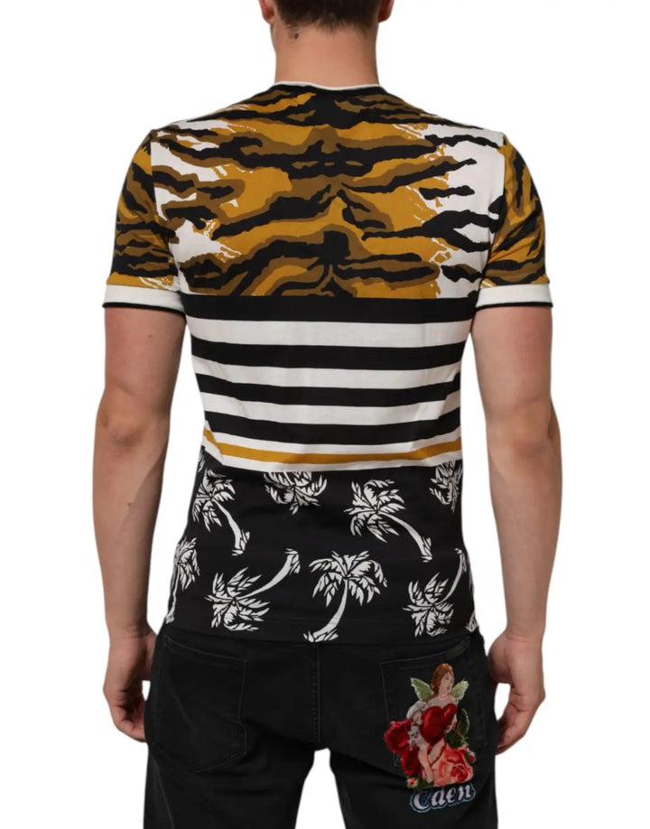 Dolce &amp; Gabbana Multicolor Leopard Palm Leaf Men Crew Neck T-shirt