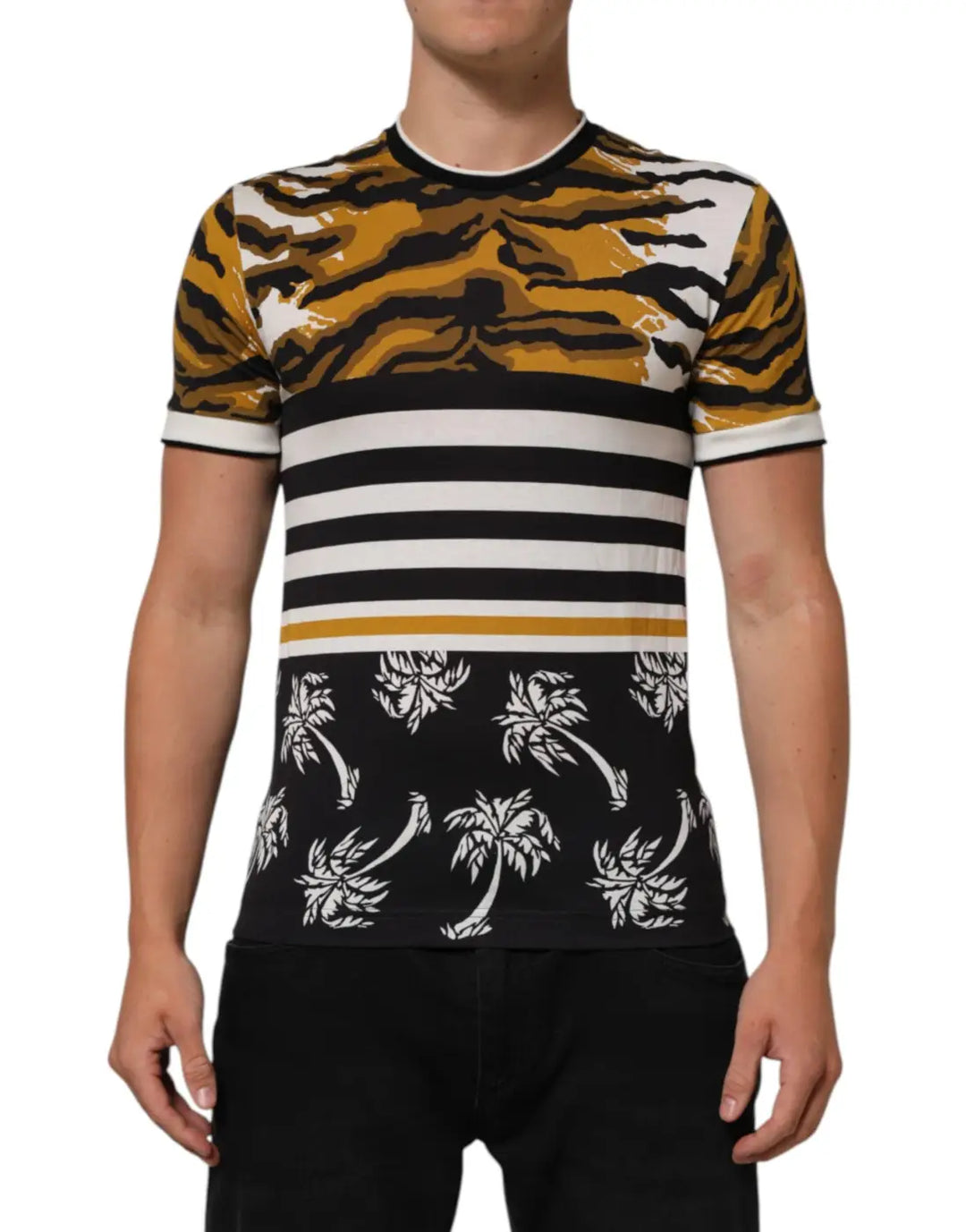 Dolce &amp; Gabbana Multicolor Leopard Palm Leaf Men Crew Neck T-shirt