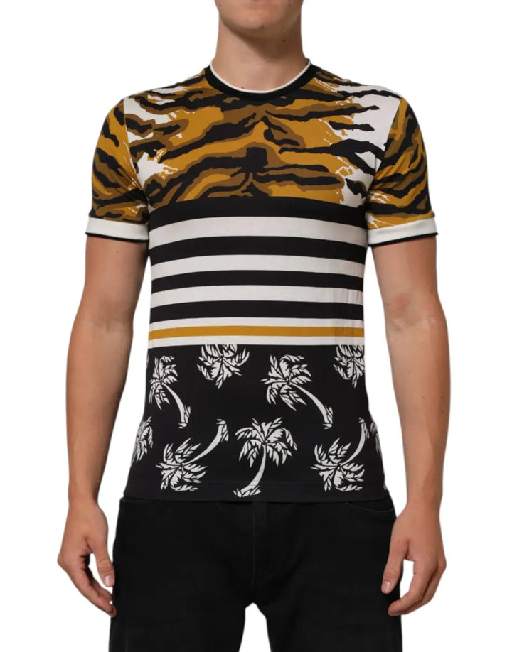 Dolce &amp; Gabbana Multicolor Leopard Palm Leaf Men Crew Neck T-shirt