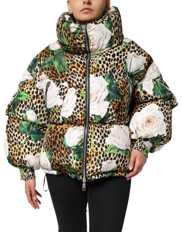 Dolce & Gabbana Puffer Jackets - Multicolor Leopard Rose Quilted Jacket