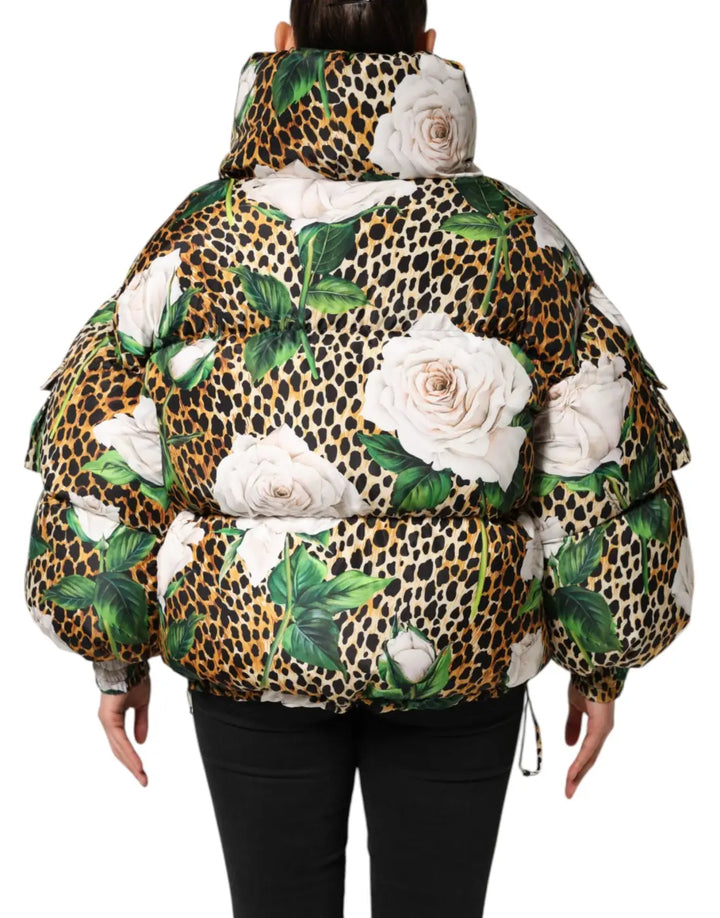 Dolce &amp; Gabbana Multicolor Leopard Rose Puffer Quilted Jacket