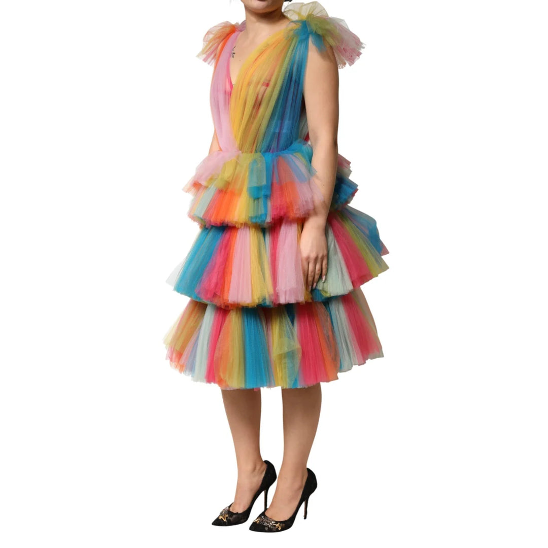 Dolce &amp; Gabbana Multicolor Nylon Tulle Dress with Tiered Layers