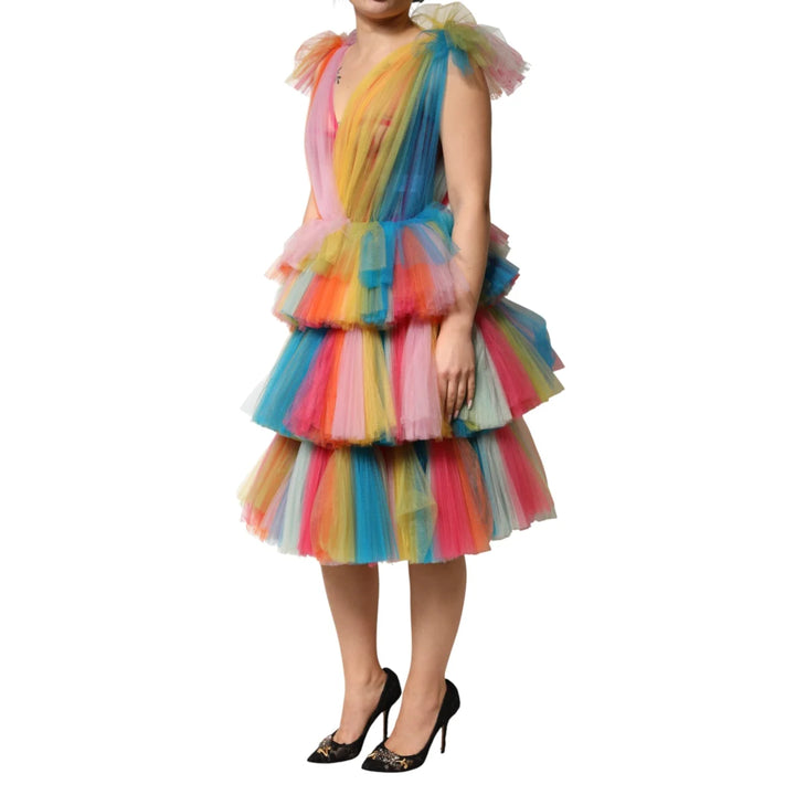 Dolce &amp; Gabbana Multicolor Nylon Tulle Dress with Tiered Layers