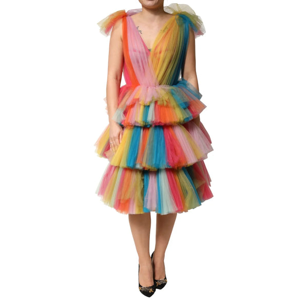 Dolce & Gabbana Multicolor Nylon Tulle Dress with Tiered Layers