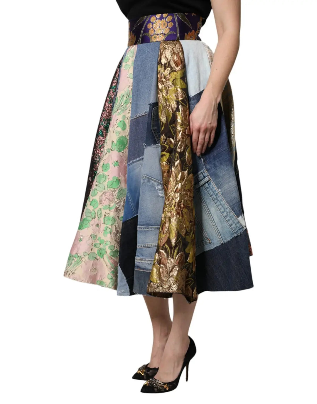 Dolce &amp; Gabbana Multicolor Patchwork High Waisted Midi Skirt
