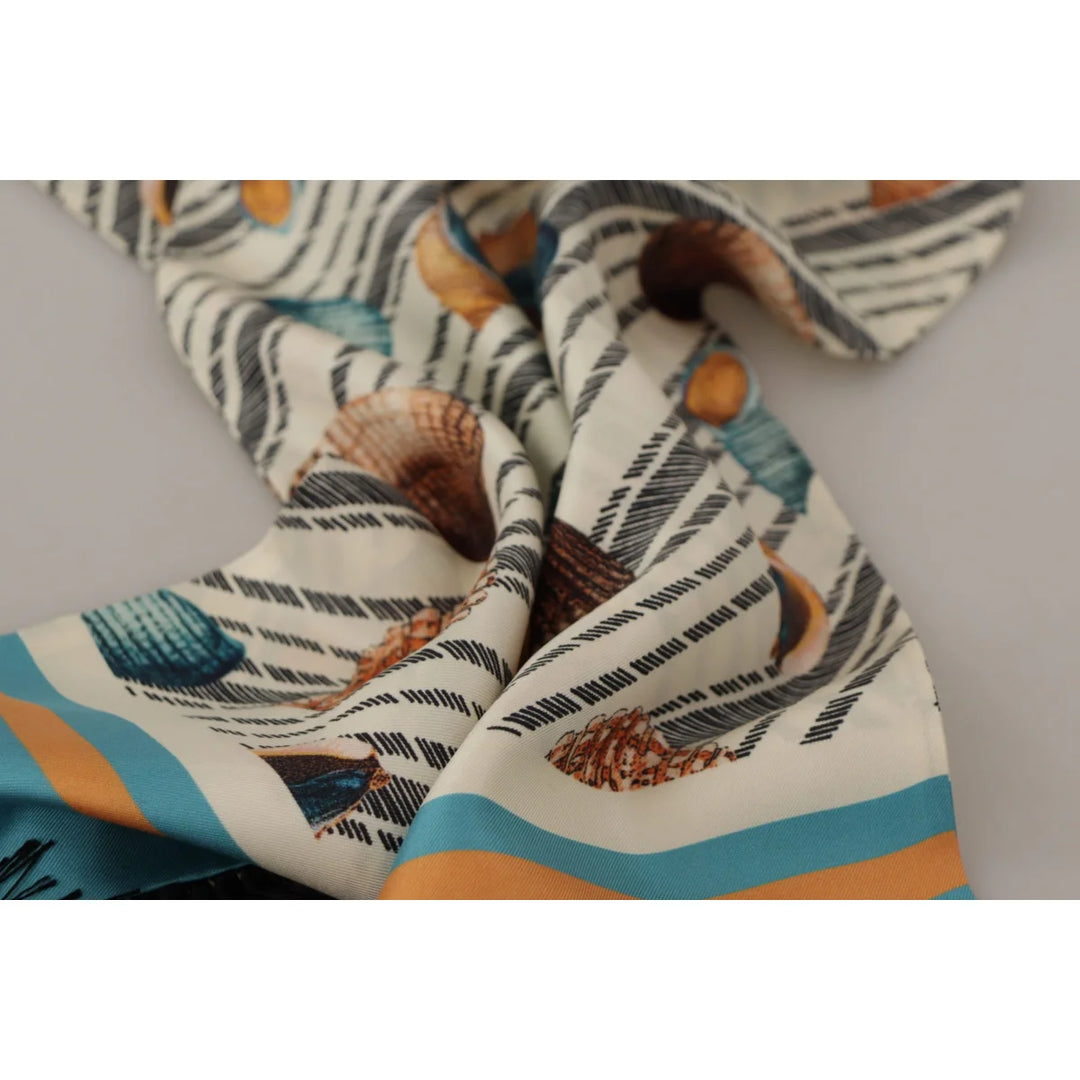 Dolce &amp; Gabbana Multicolor Seashells DG Print Silk Shawl Fringe Scarf