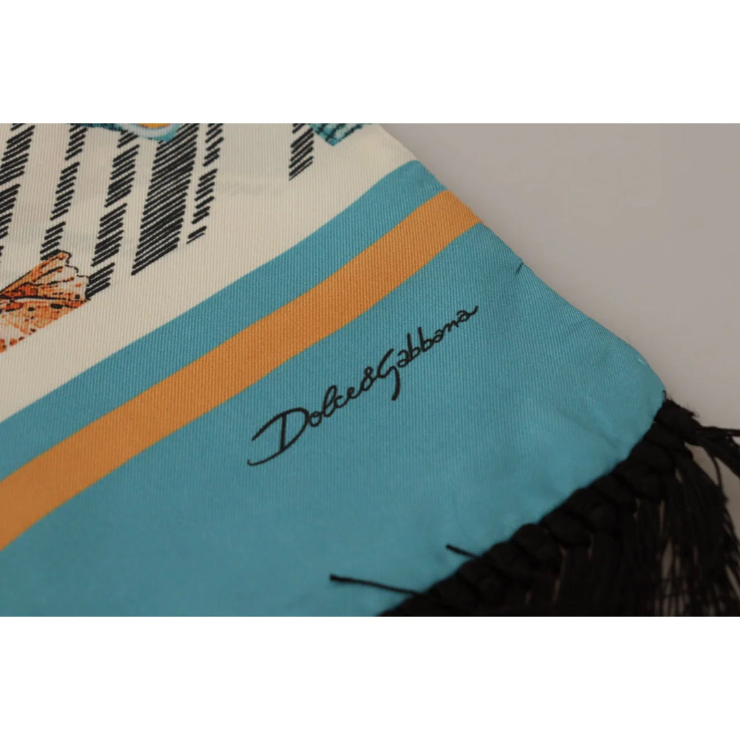 Dolce &amp; Gabbana Multicolor Seashells DG Print Silk Shawl Fringe Scarf