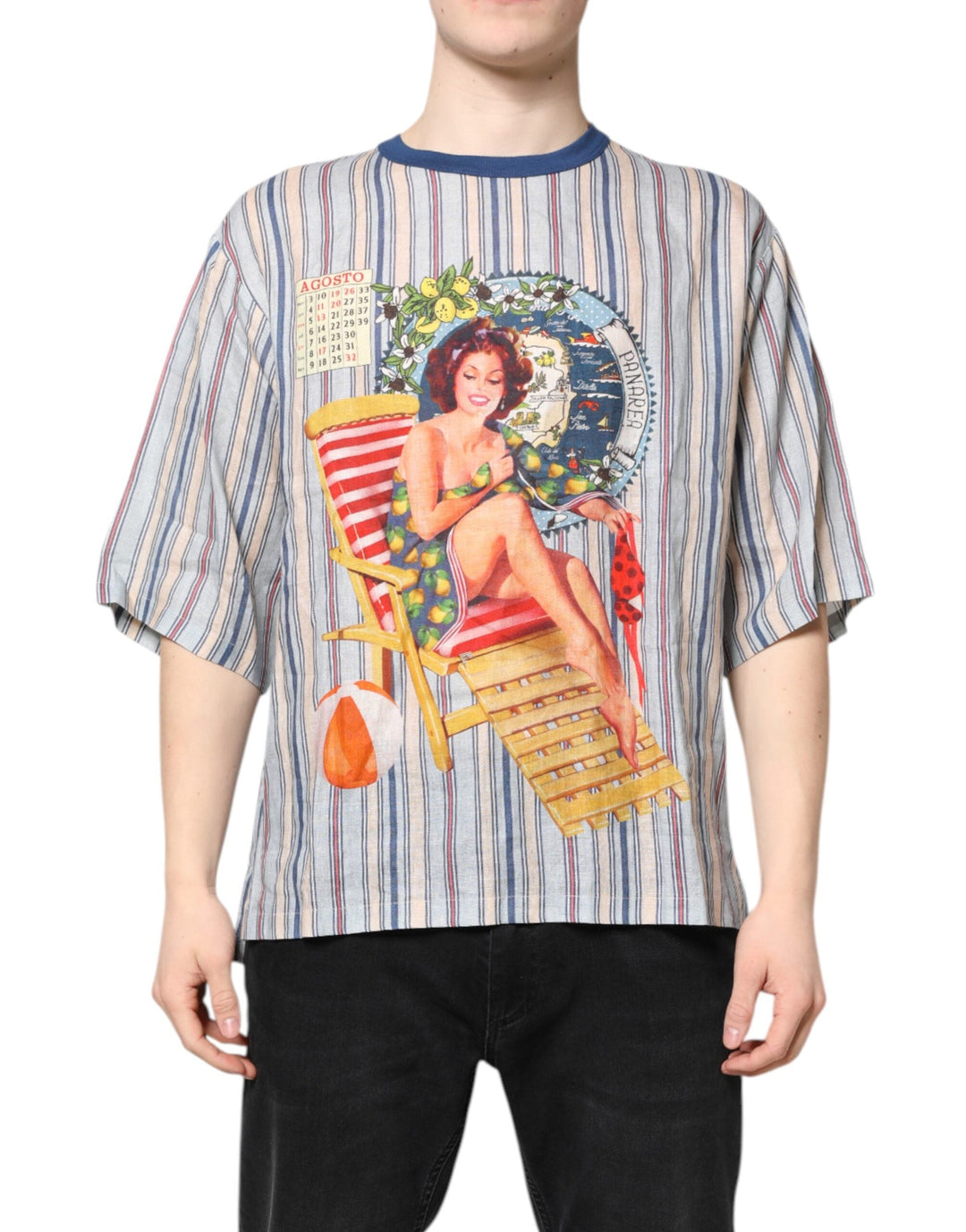 Dolce &amp; Gabbana Multicolor Striped Pin Up Linen Round Neck T-shirt