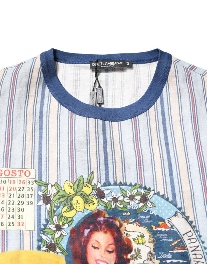 Dolce &amp; Gabbana Multicolor Striped Pin Up Linen Round Neck T-shirt