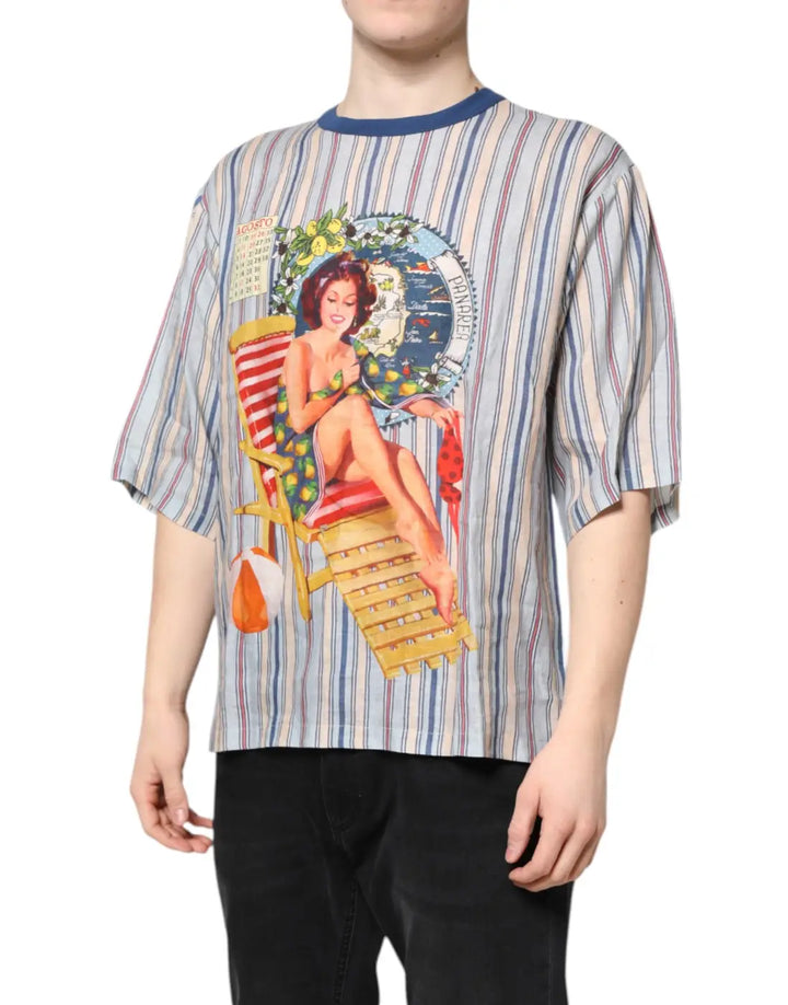 Dolce &amp; Gabbana Multicolor Striped Pin Up Linen Round Neck T-shirt