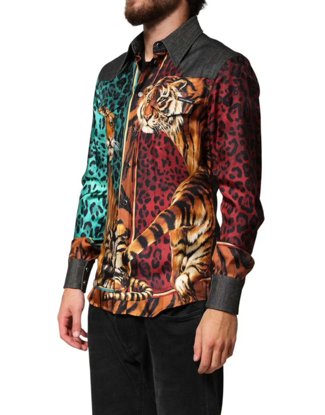 Dolce &amp; Gabbana Multicolor Tiger Leopard Print Silk Men Shirt
