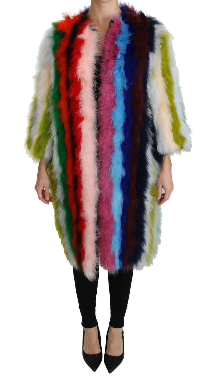 Dolce &amp; Gabbana Overcoats - Multicolor Turkey Feather Cape Fur Coat