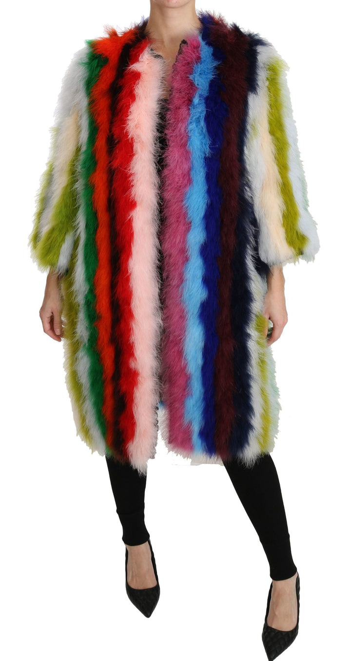 Dolce &amp; Gabbana Overcoats - Multicolor Turkey Feather Cape Fur Coat
