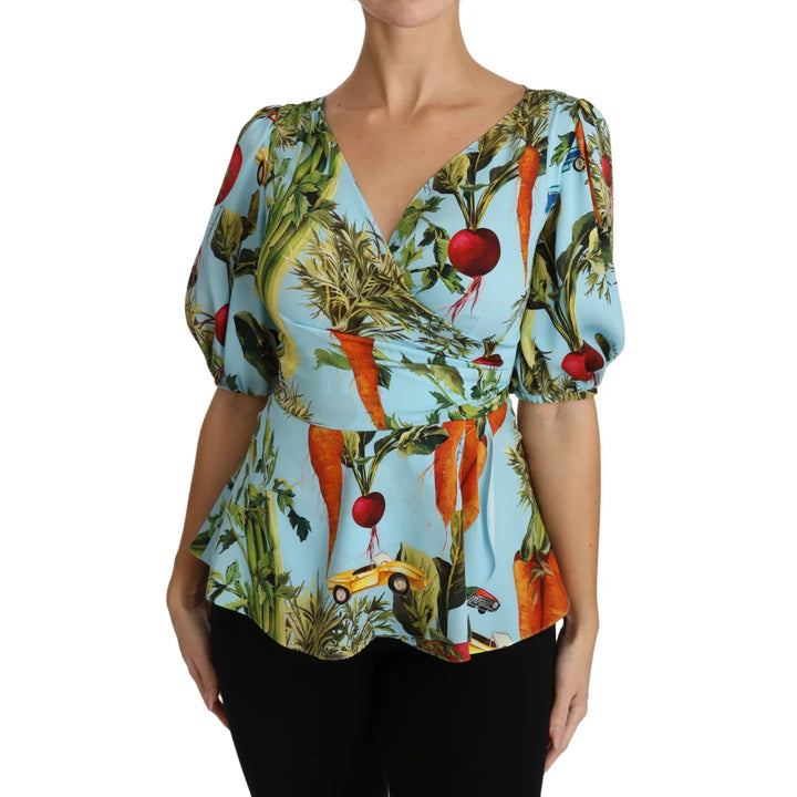 Dolce & Gabbana Multicolor Vegetable Print Silk Top Peplum Wrap Blouse