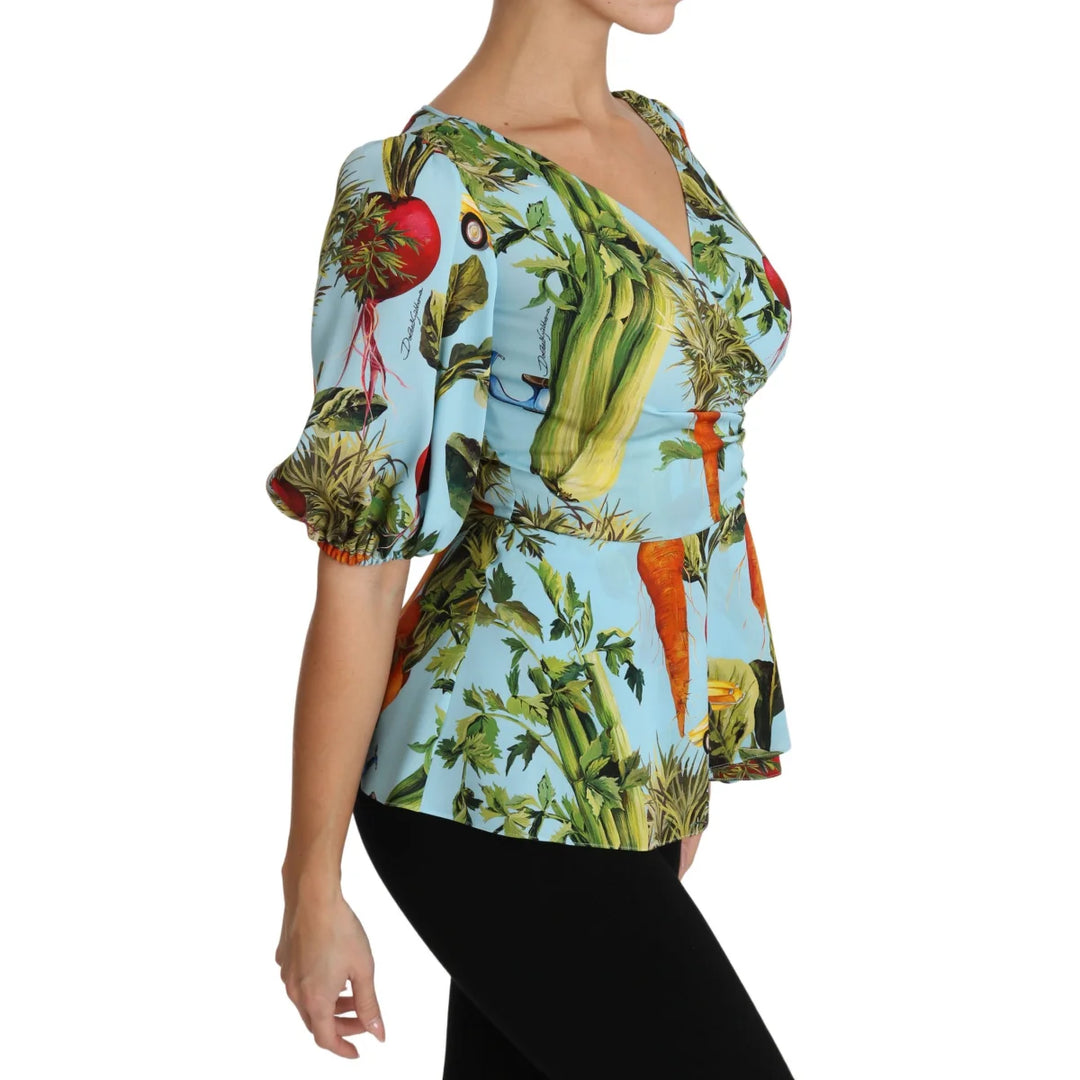 Dolce & Gabbana Multicolor Vegetable Print Silk Top Peplum Wrap Blouse