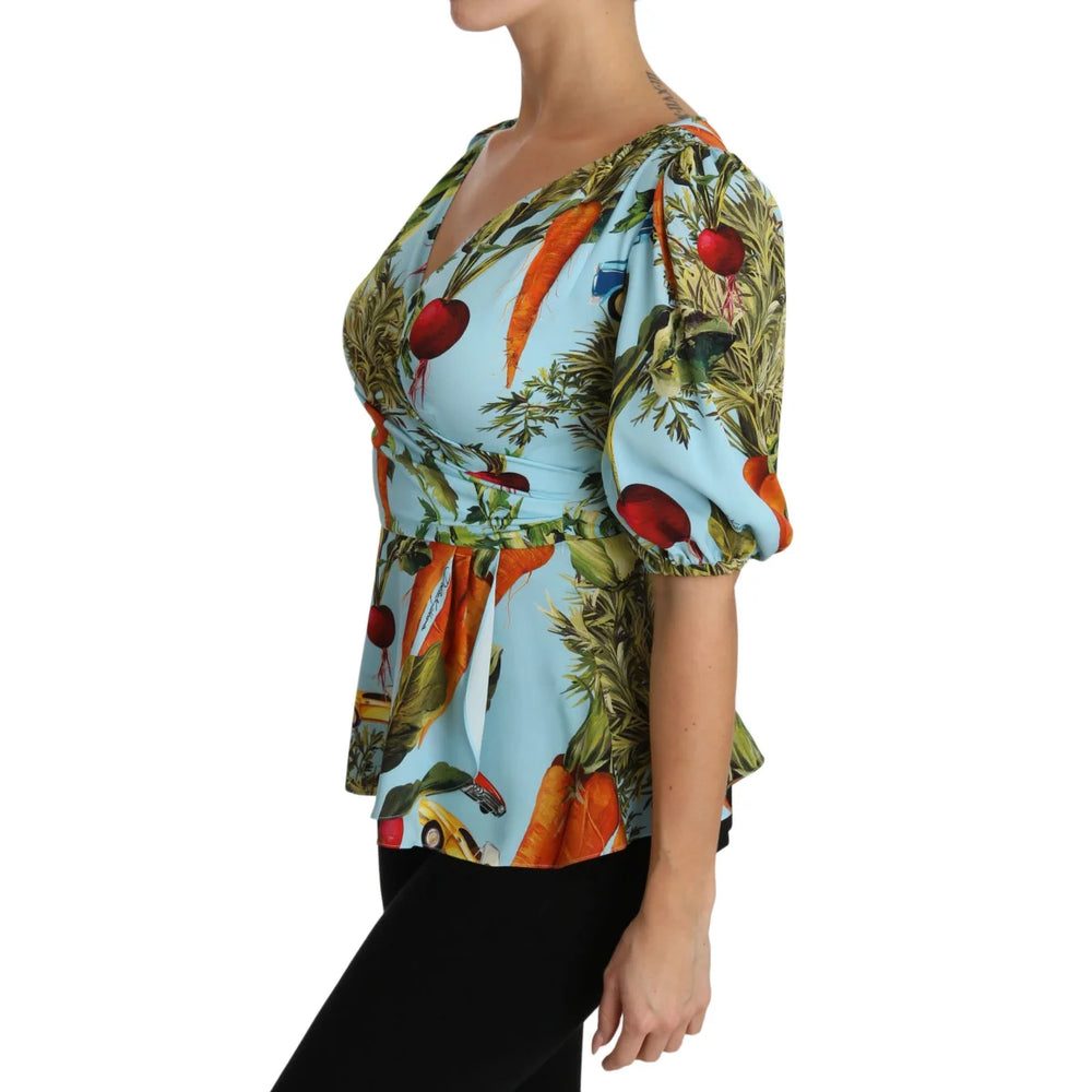 Dolce & Gabbana Multicolor Vegetable Print Silk Top Peplum Wrap Blouse