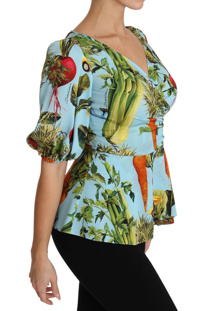 Dolce &amp; Gabbana - Multicolor Vegetable Print Silk Top Peplum Wrap Blouse