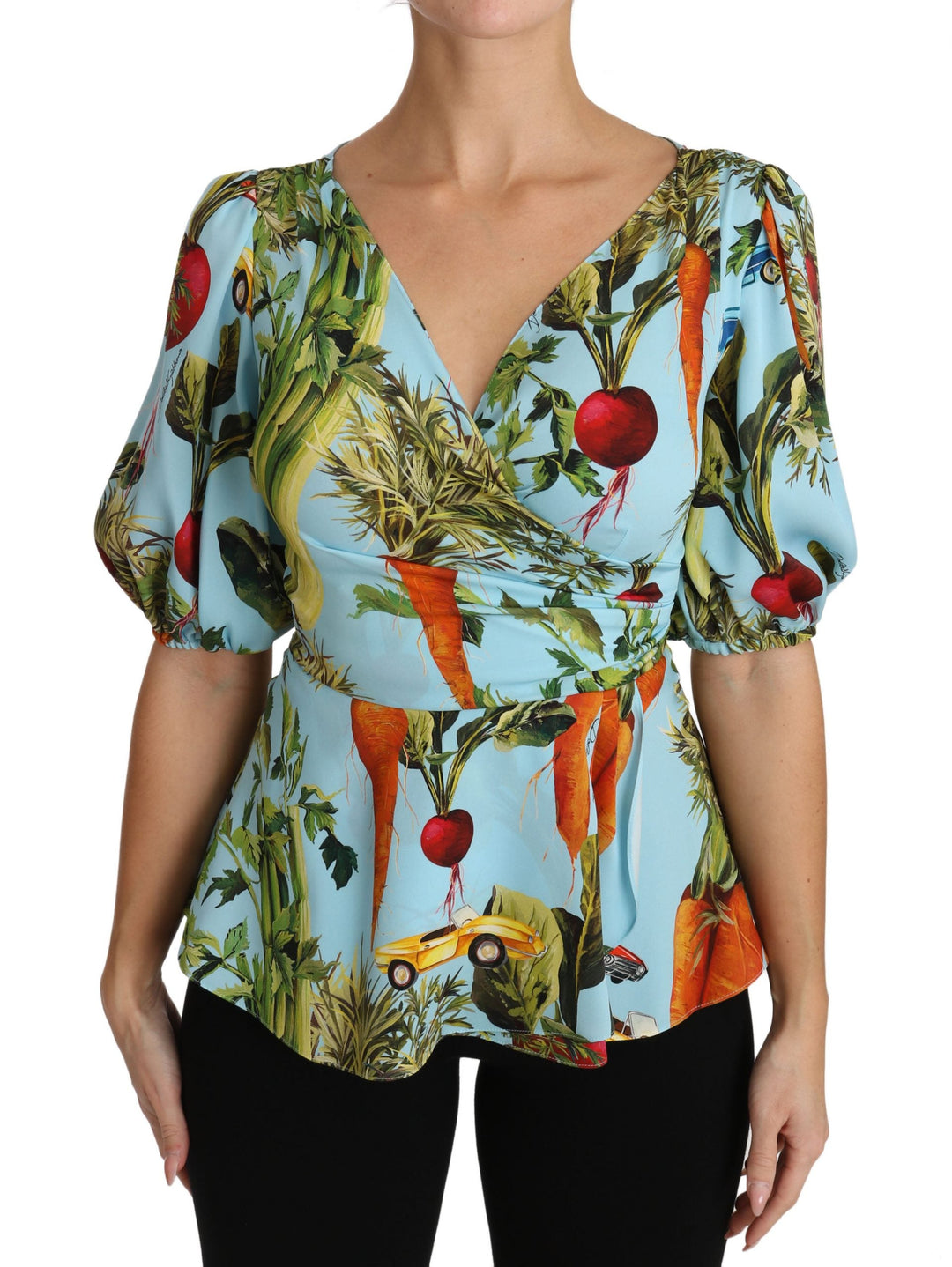 Dolce &amp; Gabbana - Multicolor Vegetable Print Silk Top Peplum Wrap Blouse