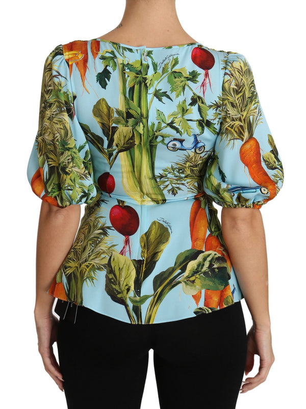 Dolce & Gabbana - Multicolor Vegetable Print Silk Top Peplum Wrap Blouse