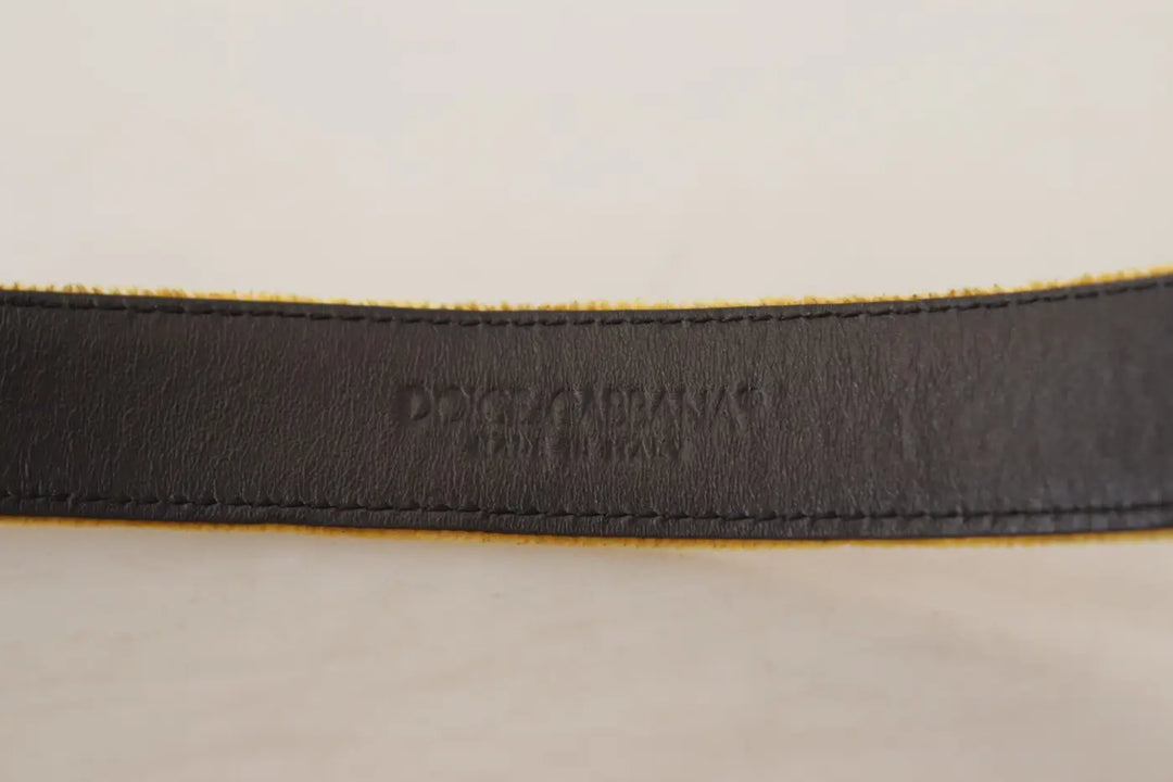 Dolce &amp; Gabbana Mustard Velvet Gold Logo Engraved Metal Buckle Belt