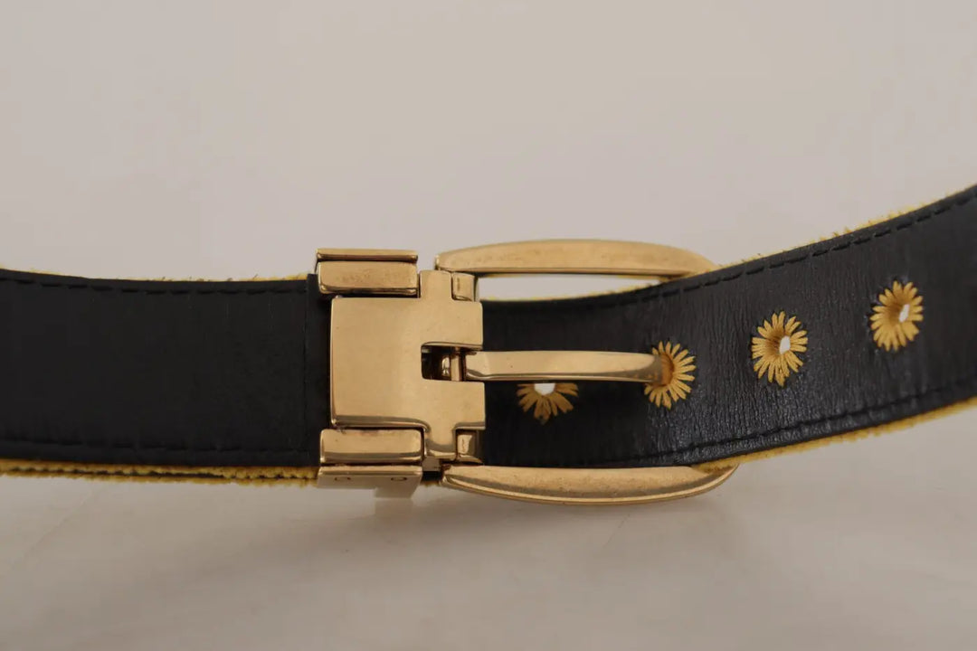 Dolce &amp; Gabbana Mustard Velvet Gold Logo Engraved Metal Buckle Belt