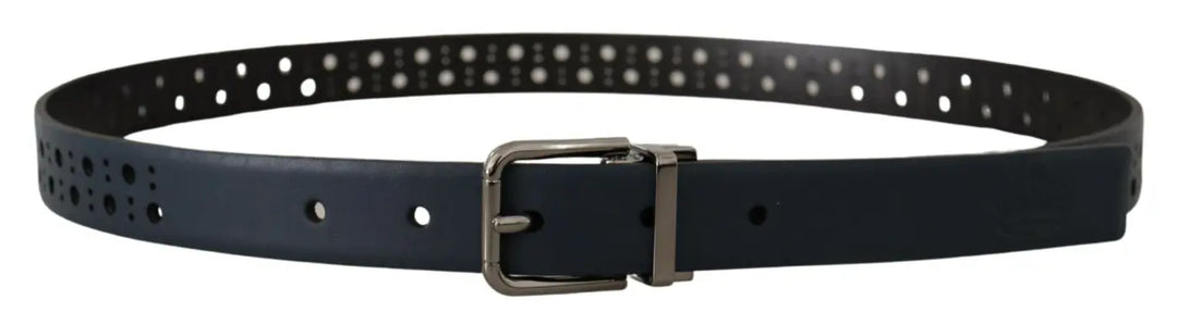 Dolce &amp; Gabbana Navy Blue Perforated Leather Skinny Metal Buckle Belt