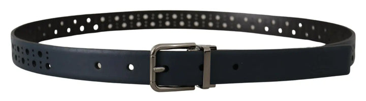 Dolce &amp; Gabbana Navy Blue Perforated Leather Skinny Metal Buckle Belt
