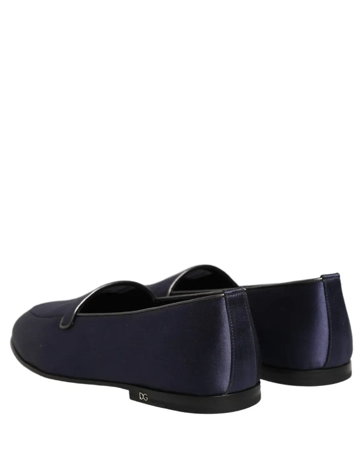 Dolce &amp; Gabbana Navy Blue Satin DG Logo Dress Loafers Shoes