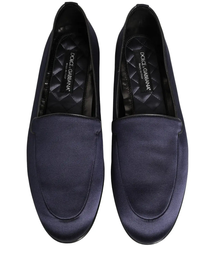 Dolce &amp; Gabbana Navy Blue Satin DG Logo Dress Loafers Shoes